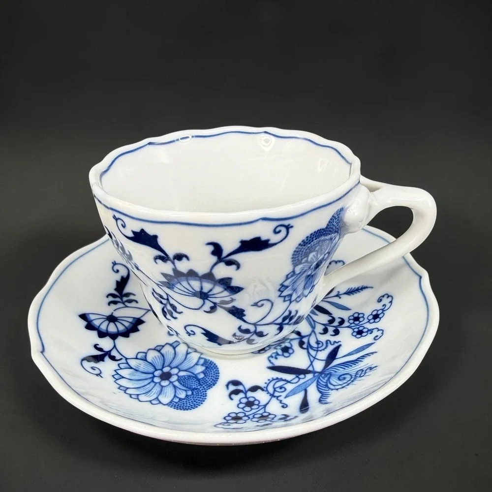 Blue Danube Tea Cup and Saucer Set‎ Blue Onion Floral Porcelain Scalloped Rim